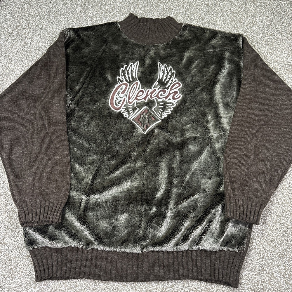 CRAZY Clench Y2K Fur Embroidered Sweater Brown Grunge Wool Blend Size XL Hiphop